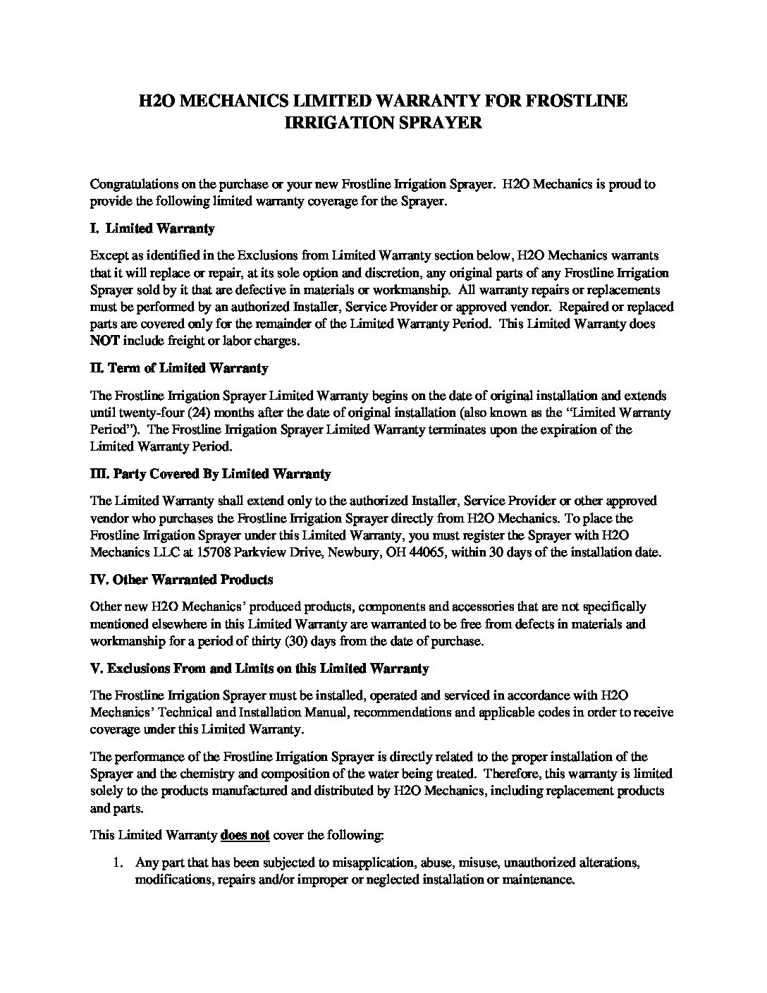Frostline Limited Warranty cover